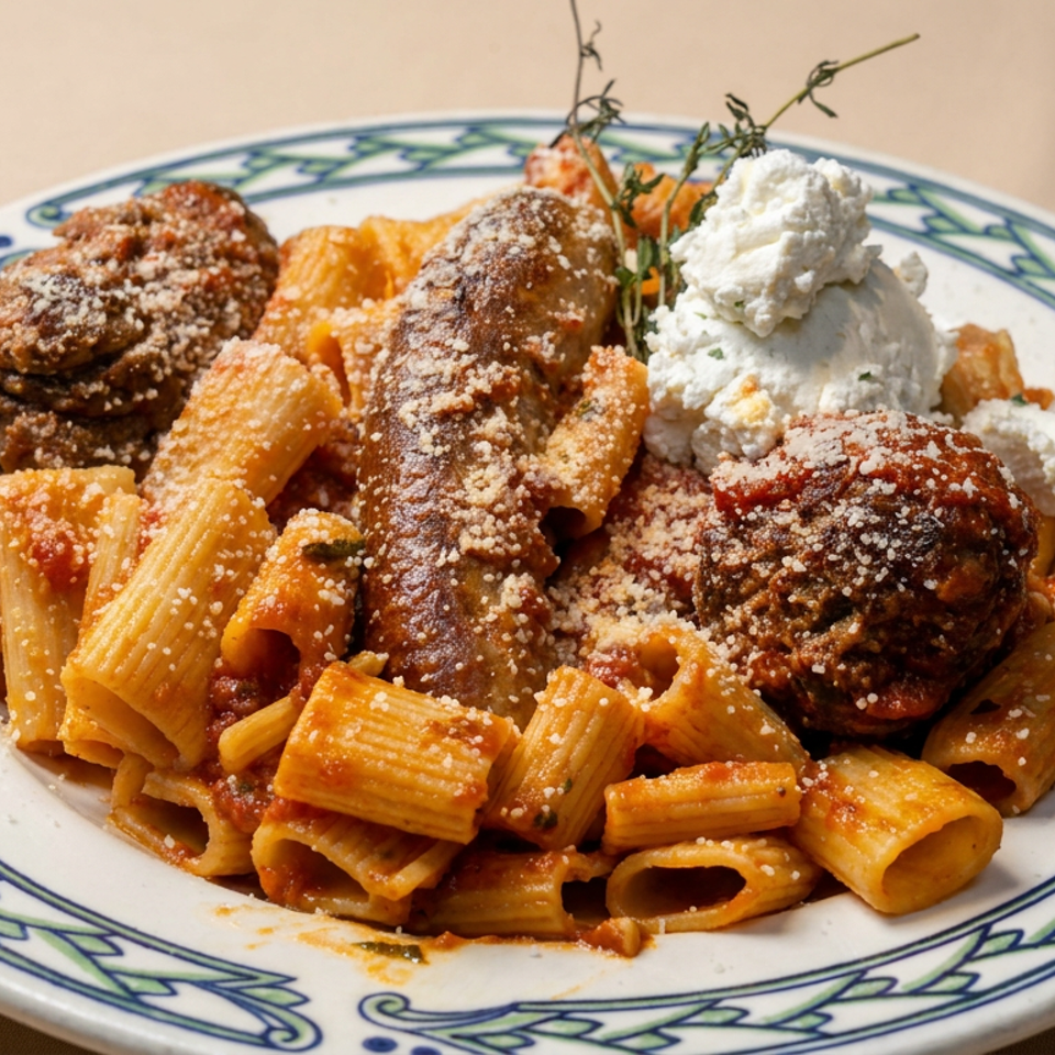 Rigatoni pasta in tomato sauce topped with meatballs, Italian sausage, grated cheese, ricotta, and fresh herbs on a patterned plate.