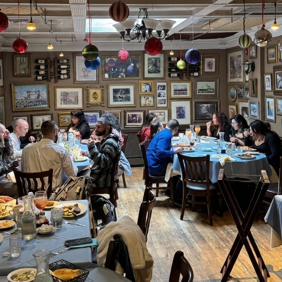 Lively restaurant dining room with framed artwork, colorful hanging ornaments, and multiple tables of diners enjoying meals.