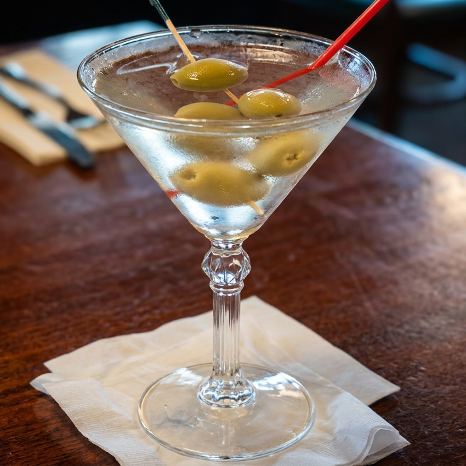 Martini cocktail garnished with green olives and red and wooden picks on a napkin-covered wooden restaurant table.