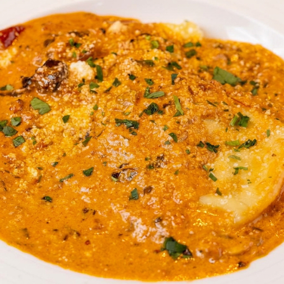 Cheesy ravioli topped with herbs and served in a creamy orange tomato sauce on a white plate.