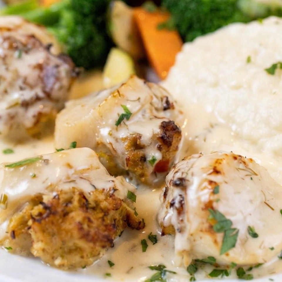 Grilled chicken medallions with creamy herb sauce, mashed potatoes, broccoli, and carrots on a white plate.
