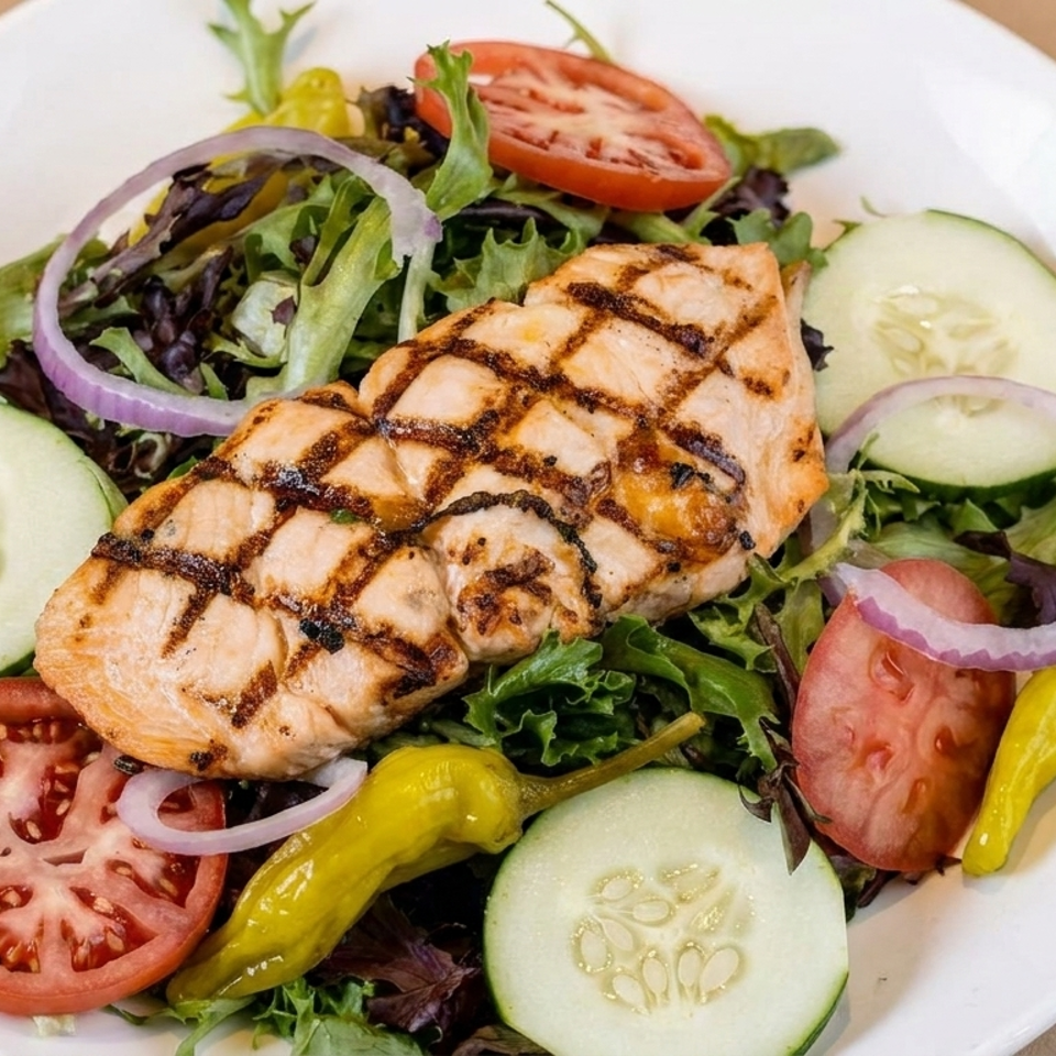 Grilled salmon fillet served over mixed greens with cucumber, tomato, red onion, and pickled peppers.