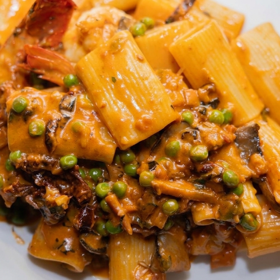 Rigatoni pasta in creamy tomato sauce with peas and assorted mushrooms, served on a white plate.